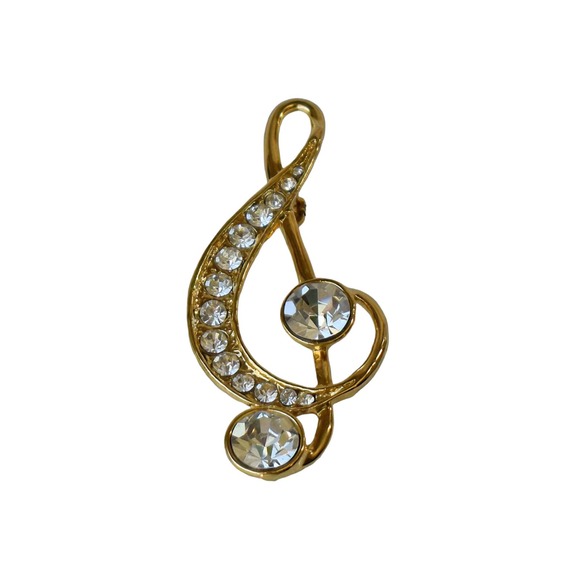 1990s Gold Plate White Rhinestone Music Treble Clef Music Note Musical Brooch - Picture 1 of 3